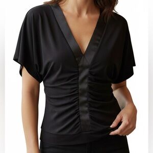 Reiss Luxury Sz M Black Blouse Ruched With Satin Trim Revolve